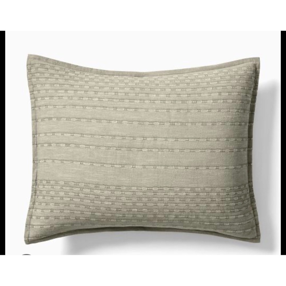 West Elm King Sham Embroidered Dash Stripe Sage Green Neutral Bedding New